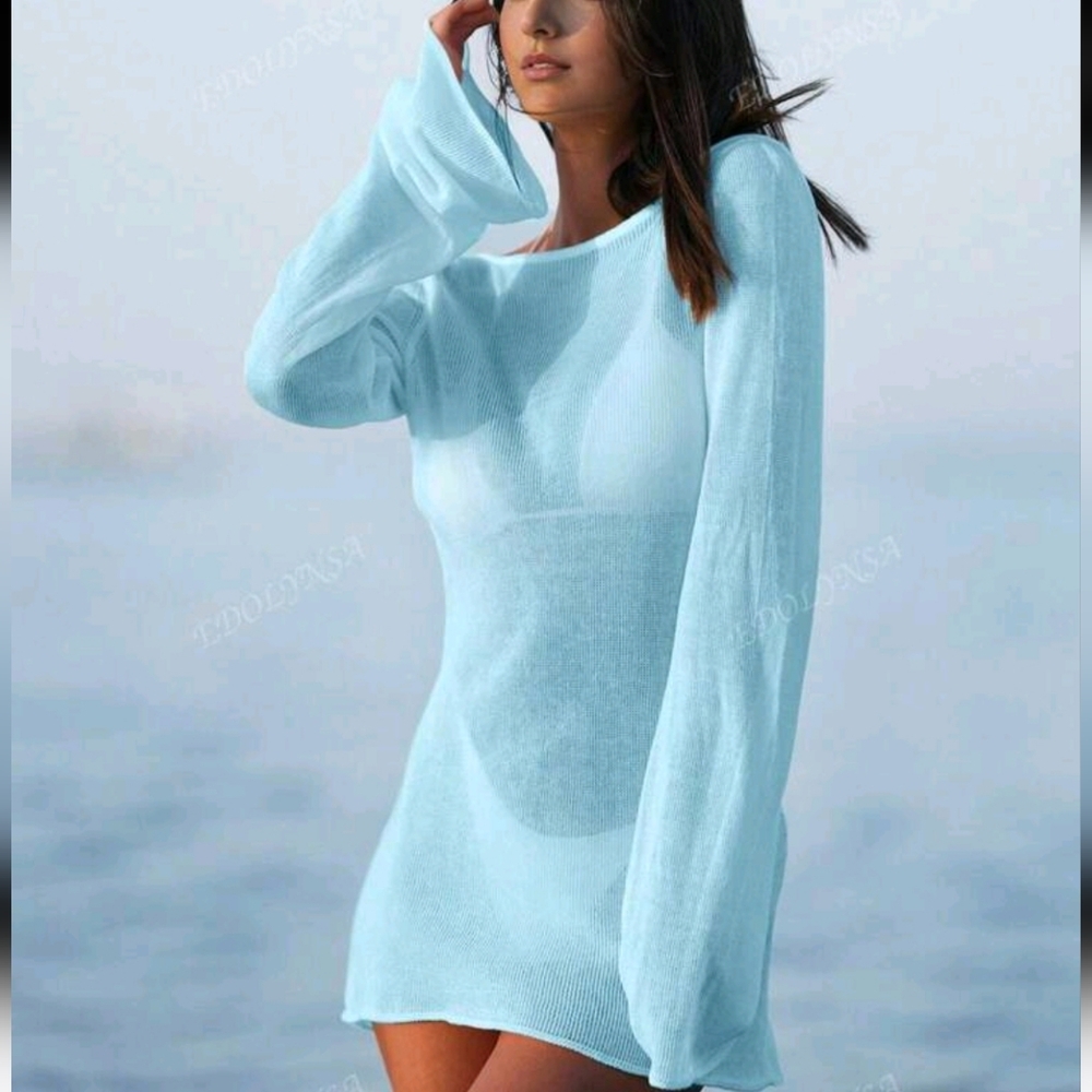 Sexy Backless Bell Sleeve Summer Seaside Women's Solid Knit Beach Mini Dress - Picture 3 of 7